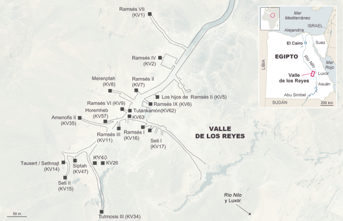 Mapa con algunas tumbas del valle de los Reyes