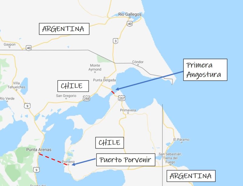 Mapa cruces a la isla de tierra del fuego